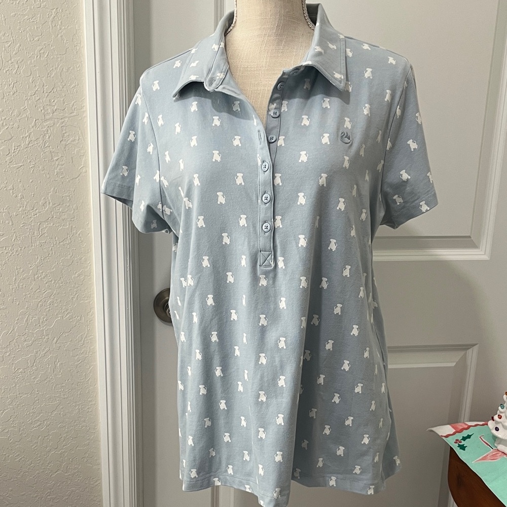 Dog Lovers ! RARE FIND Gloria Vanderbilt Annie Sky Blue Dog Patterned Polo Shirt
